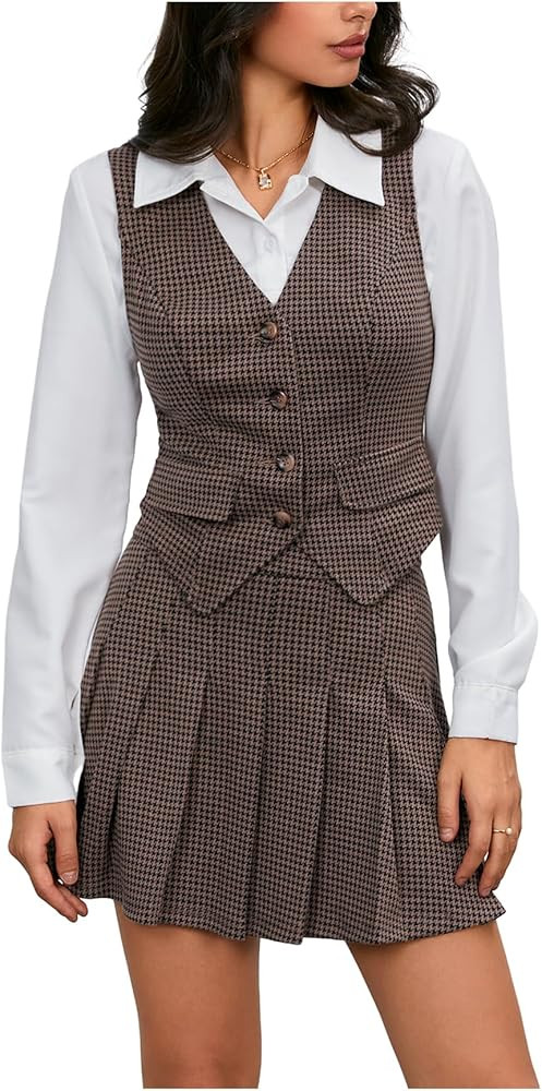 Milumia Women's 2 Piece Outfit Plaid Vest Blazer and Pleated Skirt Suit Sets | Amazon (US)