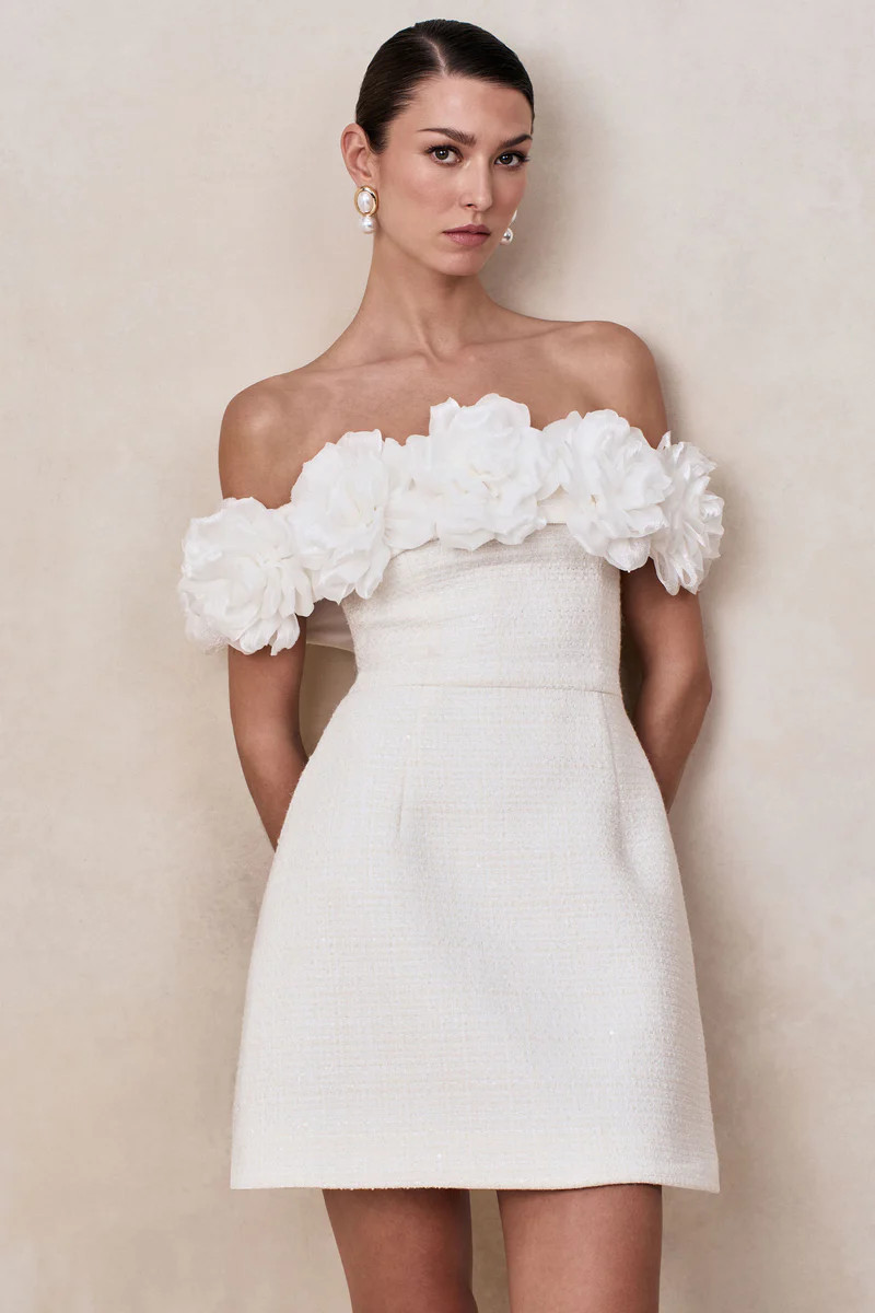 Florinda  White Boucle Floral-Bardot Neck Mini Dress | Club L London
