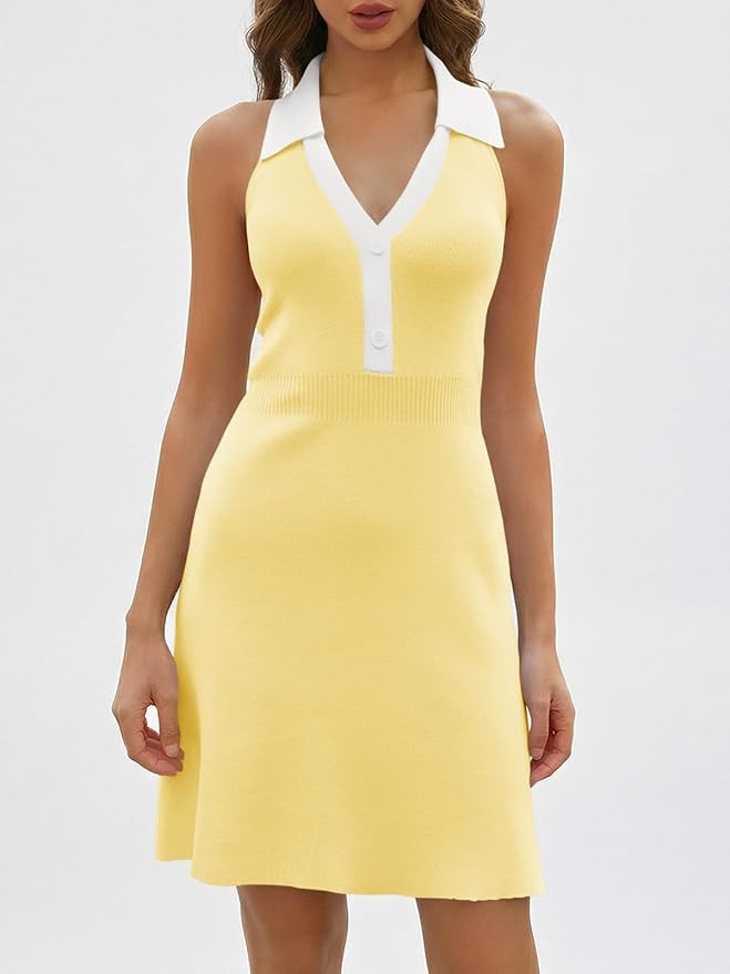 Fisoew Womens Halter V Neck Tennis Dress Polo Collar Sleeveless Color Block Open Back Workout Gol... | Amazon (US)