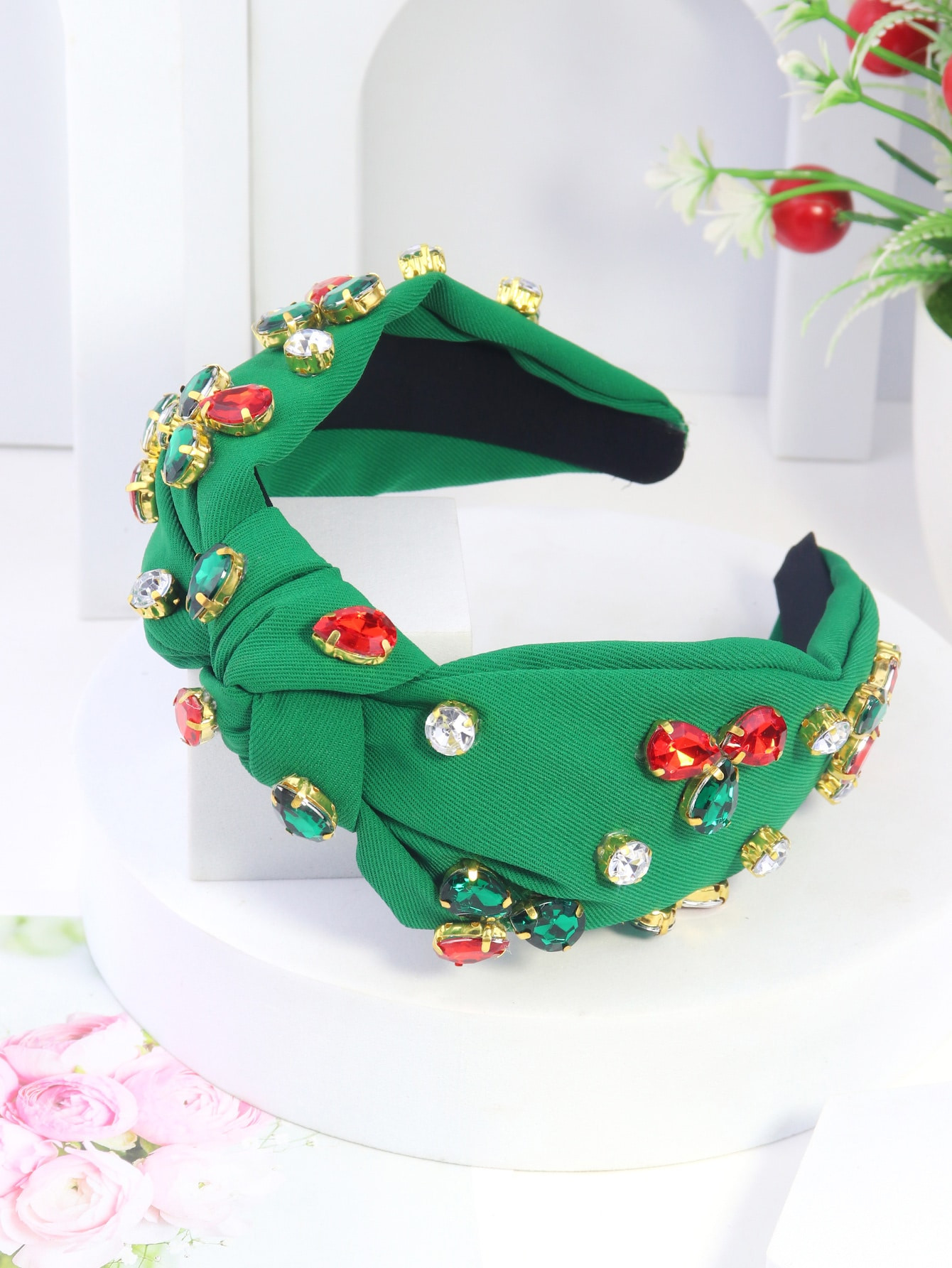 1pc Women's Wide Headband With Waterdrop Crystal, Solid Color Red/green And Fabric | SHEIN