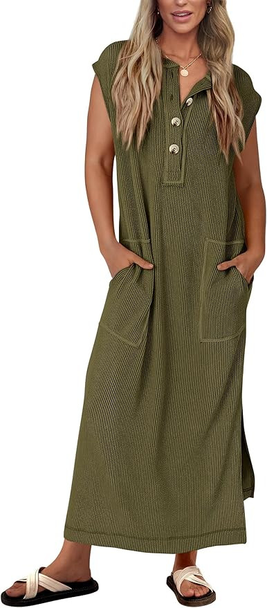 KIRUNDO Womens Summer Dresses 2026 Spring Ribbed Knit Henley Short Sleeve Maxi Dress Button Up Lo... | Amazon (US)