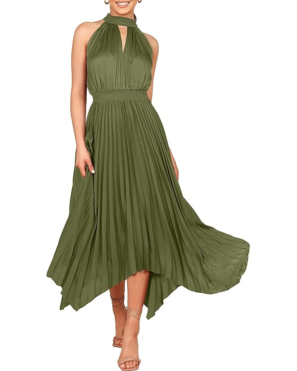 LOGENE Women's Elegant Sleeveless Cutout Halter Neck Satin Cocktail Dress Pleated Hem Twist Flowy... | Amazon (US)