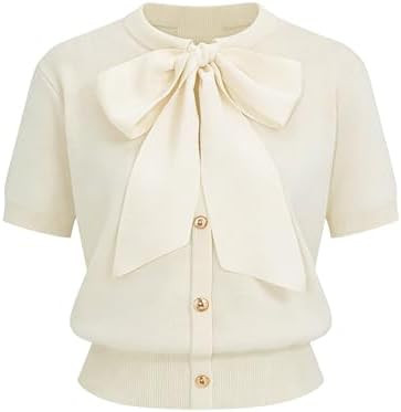 Yeokou Women's Satin Bow Short Sleeve Knit Cardigan Metal Button Crew Neck Casual Sweater Top for... | Amazon (US)