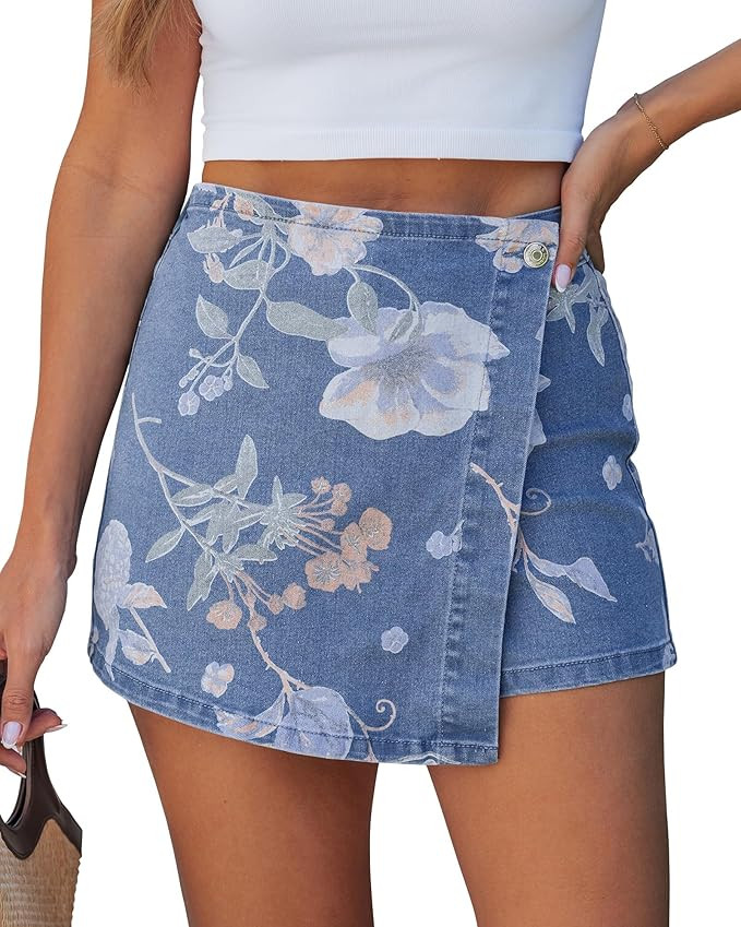 luvamia Denim Skorts for Woman Trendy Floral Print Faux Wrap Stretchy High Waisted Elasitc Waist ... | Amazon (US)