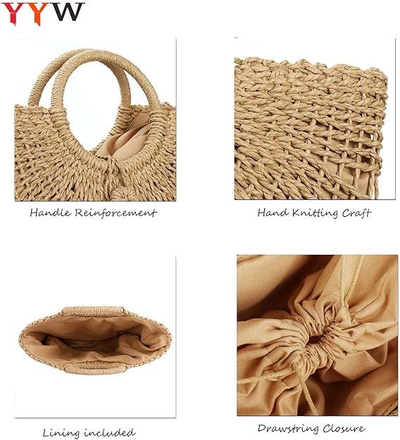 YYW Straw Bags for Women,Hand-woven Straw Top-handle Bag with Round Ring Handle Summer Beach Ratt... | Amazon (US)