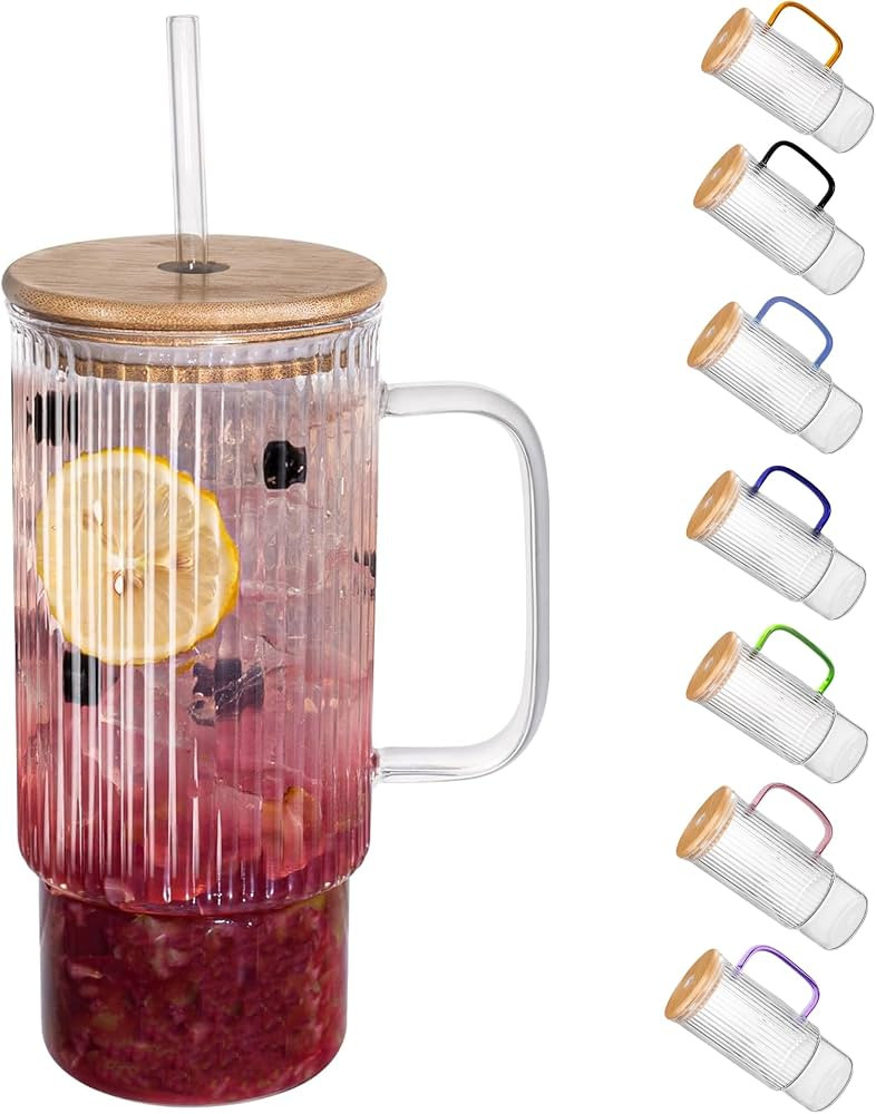 32oz Ribbed Glass Cup with Handle Bamboo Lid and Straw, Glass Tumbler, Iced Coffee Cups Hot/Cold ... | Amazon (US)