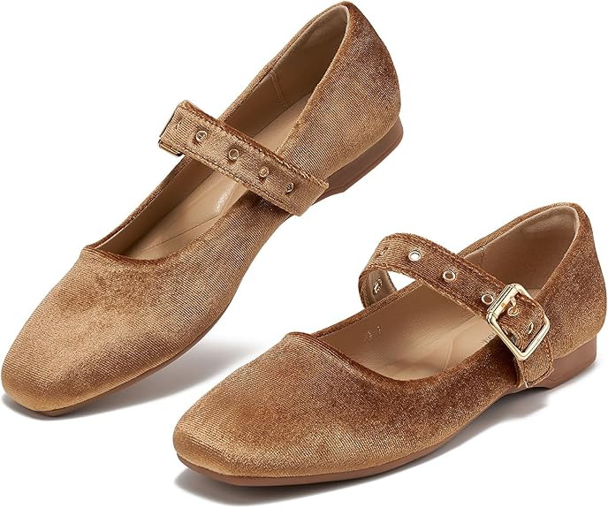 Mary Jane Shoes Women Velvet Flats Shoes Ballet Flats Shoes with Strap Square Toe Shoes Closed To... | Amazon (US)