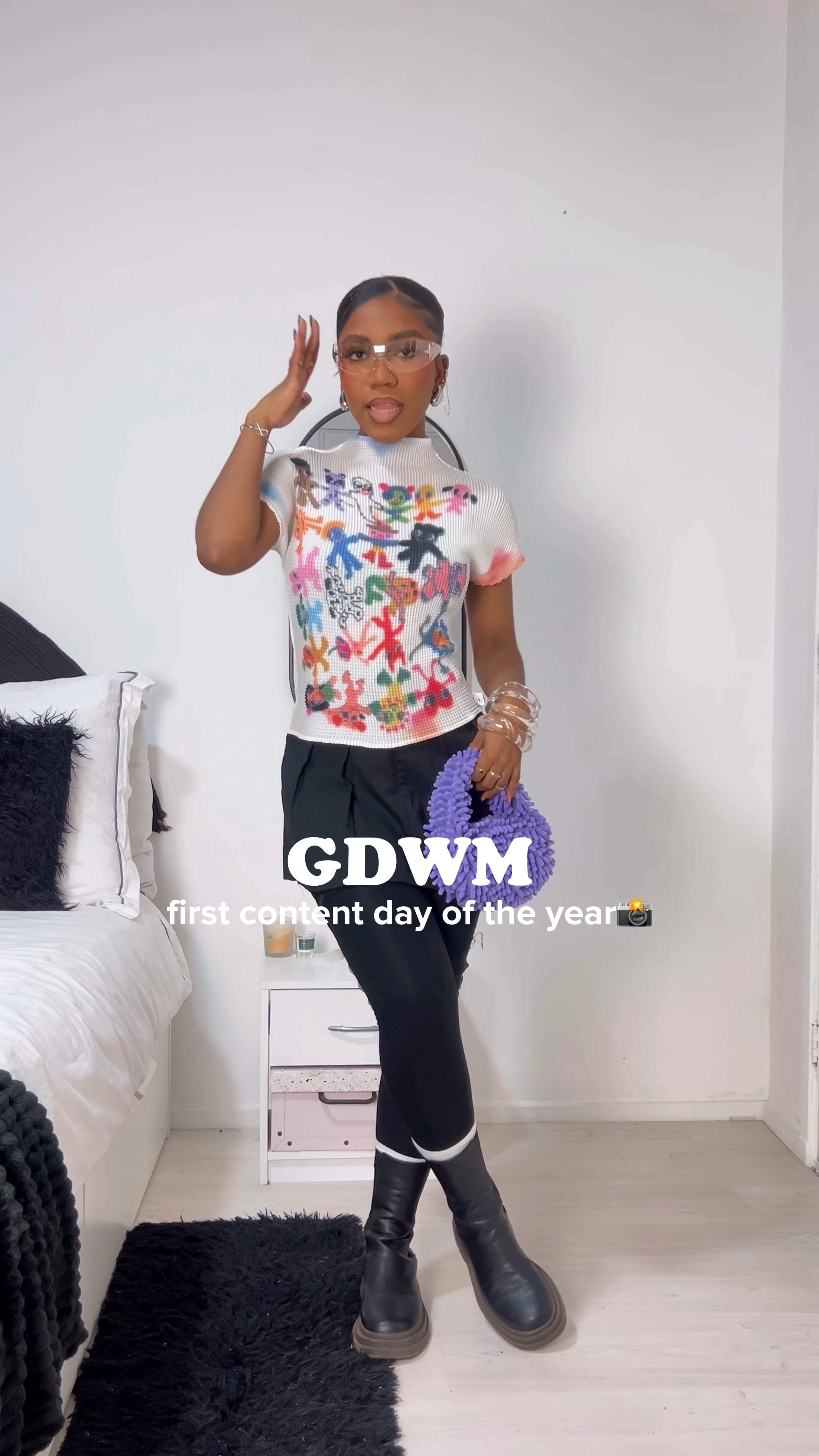 colorful top. colored top. white top with design. school girl skirt. mini skirt. mini black skirt. museum outfit. trendy fashion top. high top boots. black boots. leather boots. y2k sunglasses. outfit styling. it girl aesthetic. black girl fashion. purple bag. harajuku player top. harajuku top. korean y2k top. get dressed with me. styling outfit video

#LTKstyletip #LTKVideo #LTKeurope