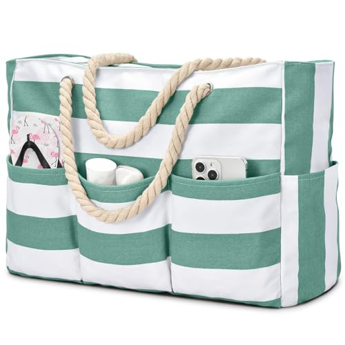 Becokan Beach Bags for Women Canvas Large Beach Tote Bag Zipper Waterproof Sandproof Foldable Swim Pool Bag with 7 Pockets | Amazon (US)