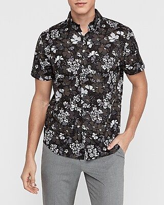 Slim Floral Button-Down Shirt Black Men's XL | Express