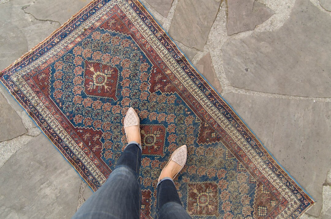 Antique 3'2" x 5'10" Kurdish Rug Hand-Knotted Blue Brown Wool Low Pile Small Rug 1870s - FREE DOM... | Etsy (US)