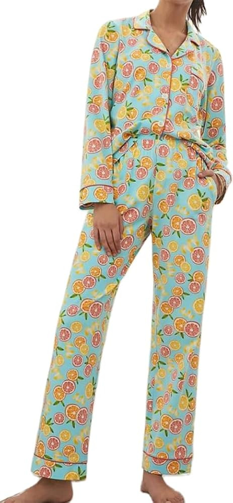 Womens Cute Fruit Printed Pajamas Aesthetic Preppy 2 Piece Long Sleeve Button Down Shirts Pants L... | Amazon (US)