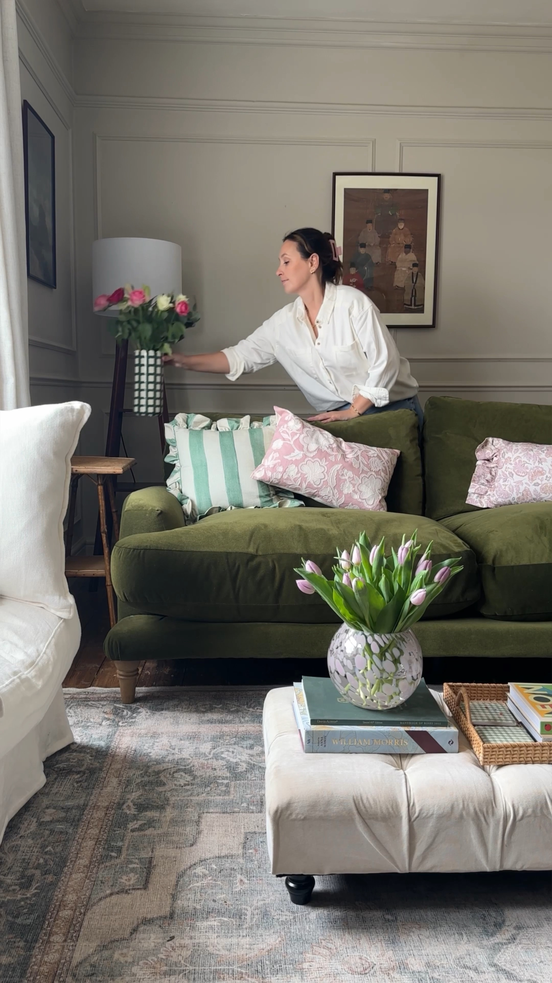 Living Room Decor Update
Cushions 
Check vase
Checked scallop table lamp
Round pink vase
Washable rug
Large gold over mantle mirror 
Bird wall art 
Beige throw 

#LTKeurope #LTKhome #LTKover40