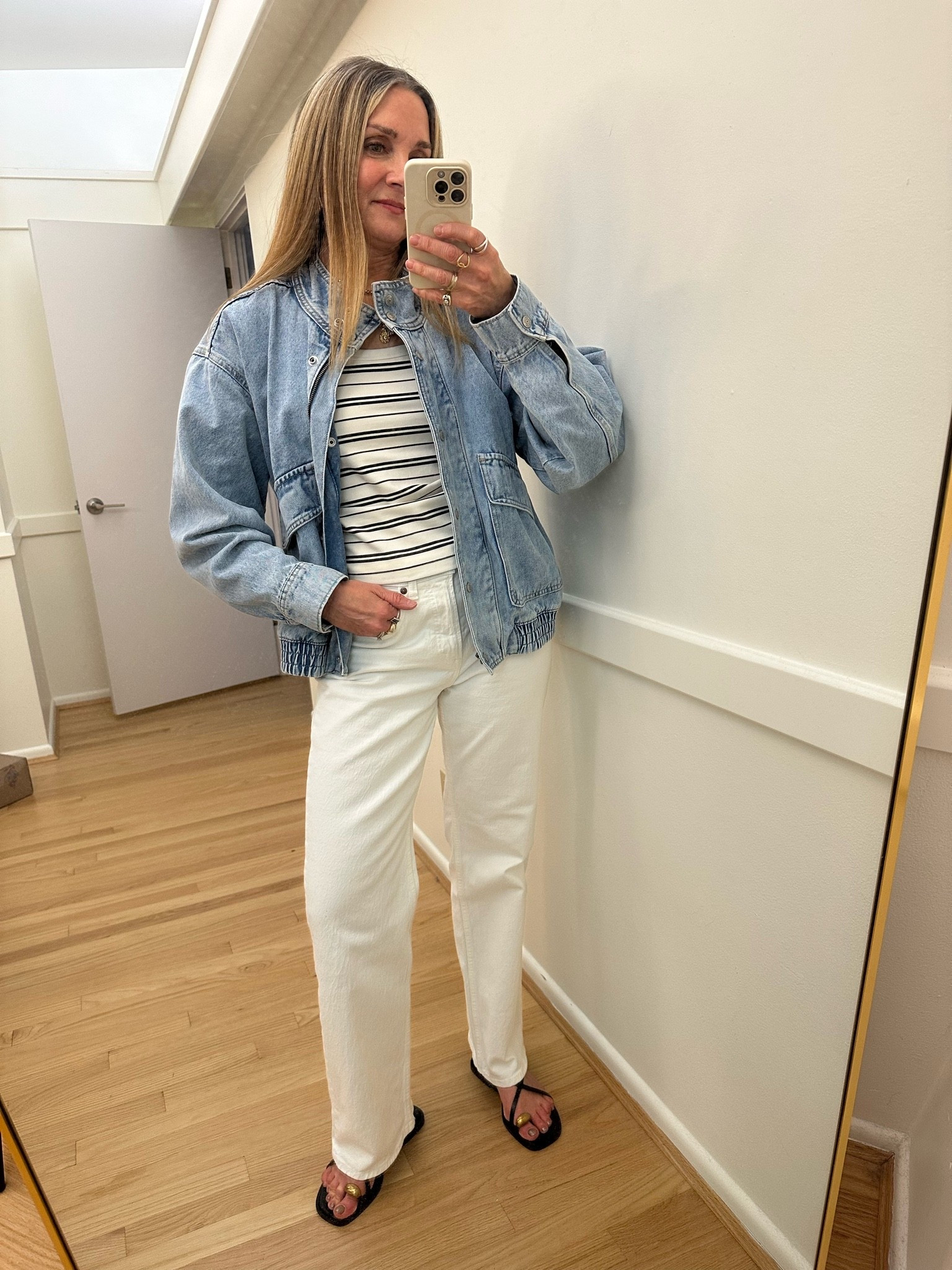 Outfit of the day!

@abercrombie curve love white jeans are amazing, wearing a 26. @Spanx striped tank and @gapstyle denim bomber size small. Love these @Zara sandals too! I’m 5’6” for reference.

#LTKootd #LTKOver40 #LTKgrwm