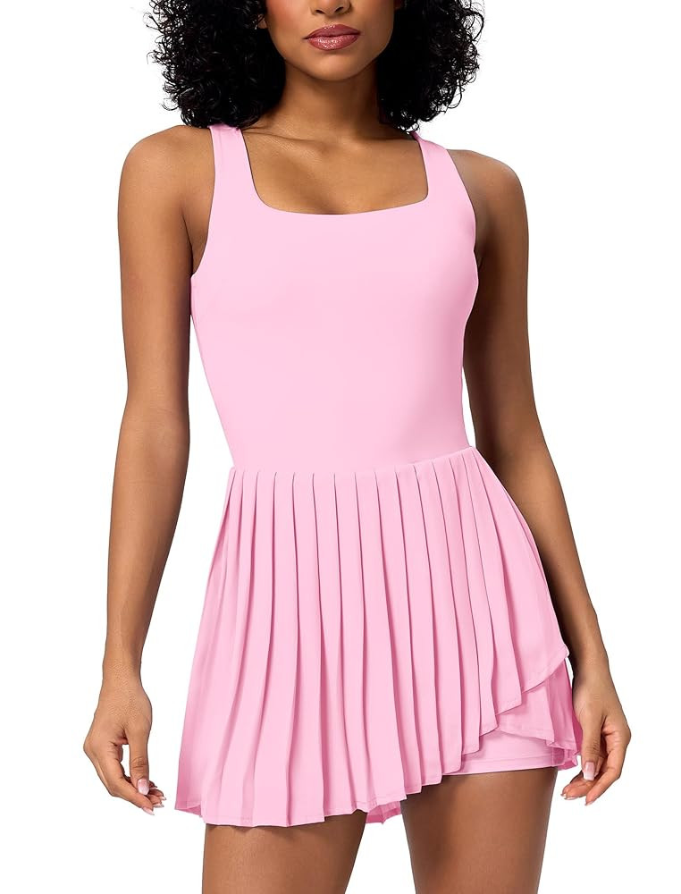 ABOCIW Tennis Dress for Women Square Neck Pleated Athletic Dress with Built-in Shorts & Bra Worko... | Amazon (US)