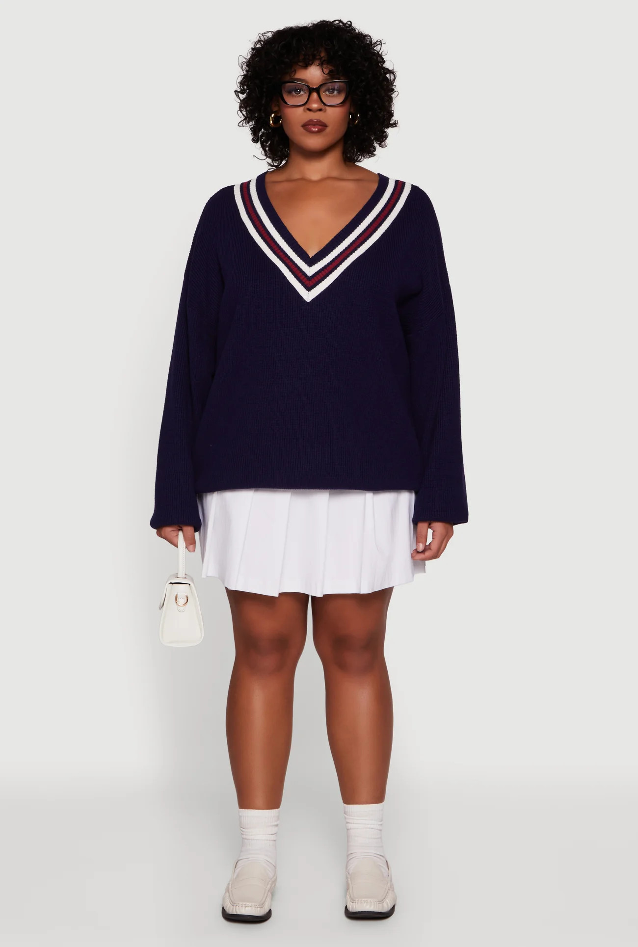 Plus Size Oversized Varsity Stripe V Neck Sweater | Rainbow Shops