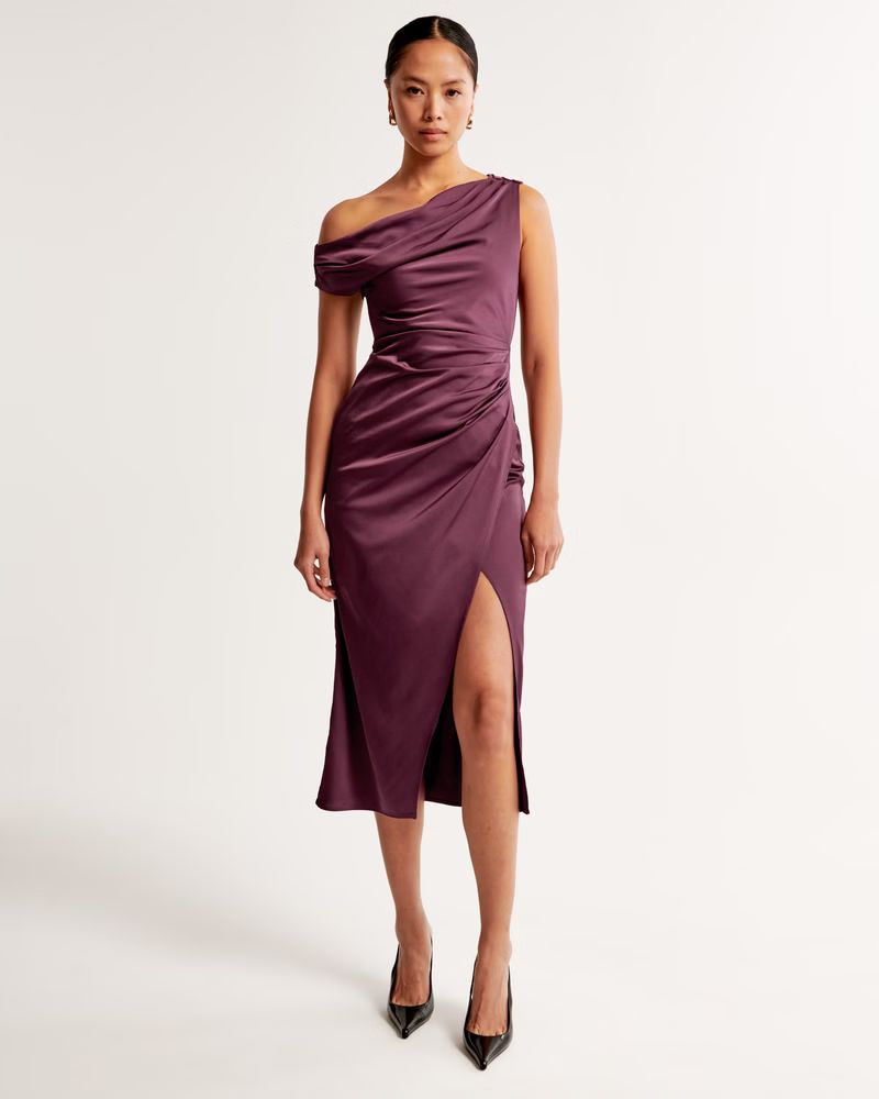 Women's Stretch Satin Draped Midi Dress | Women's New Arrivals | Abercrombie.com | Abercrombie & Fitch (US)