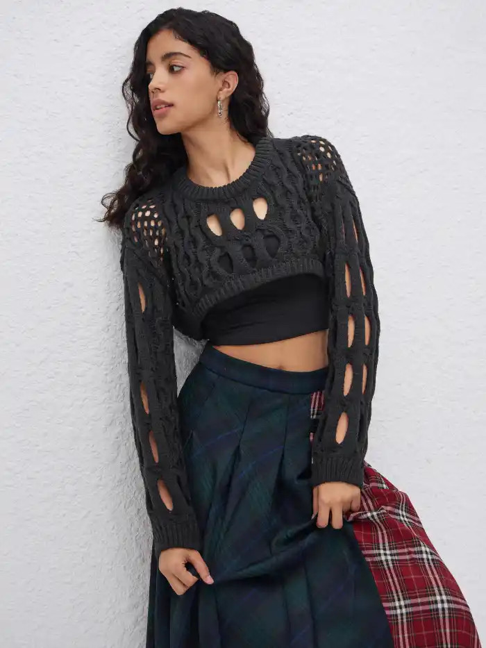 Knit Fabric Knit Round Neckline Hollow Out Long Sleeve Crop Top For Holiday | Cider