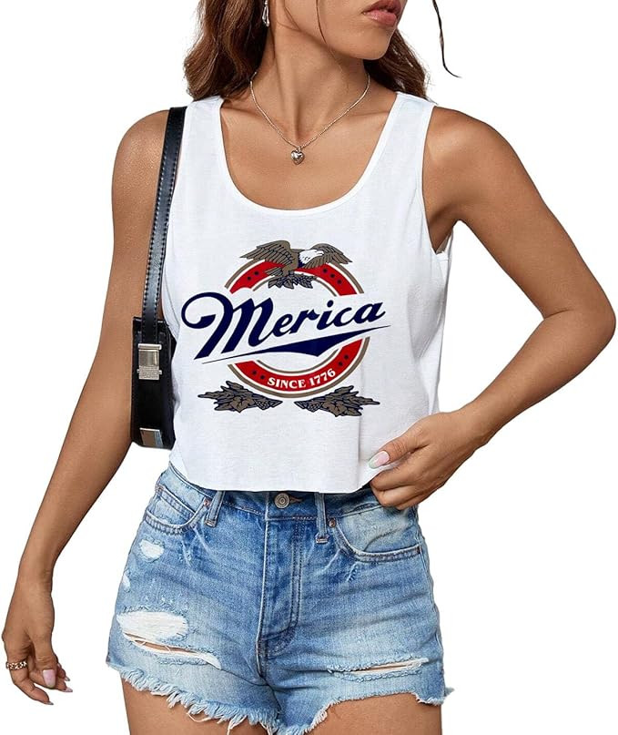 4th of July Crop Tops for Women Funny American Flag Shirts Tank Tops Outfits | Amazon (US)