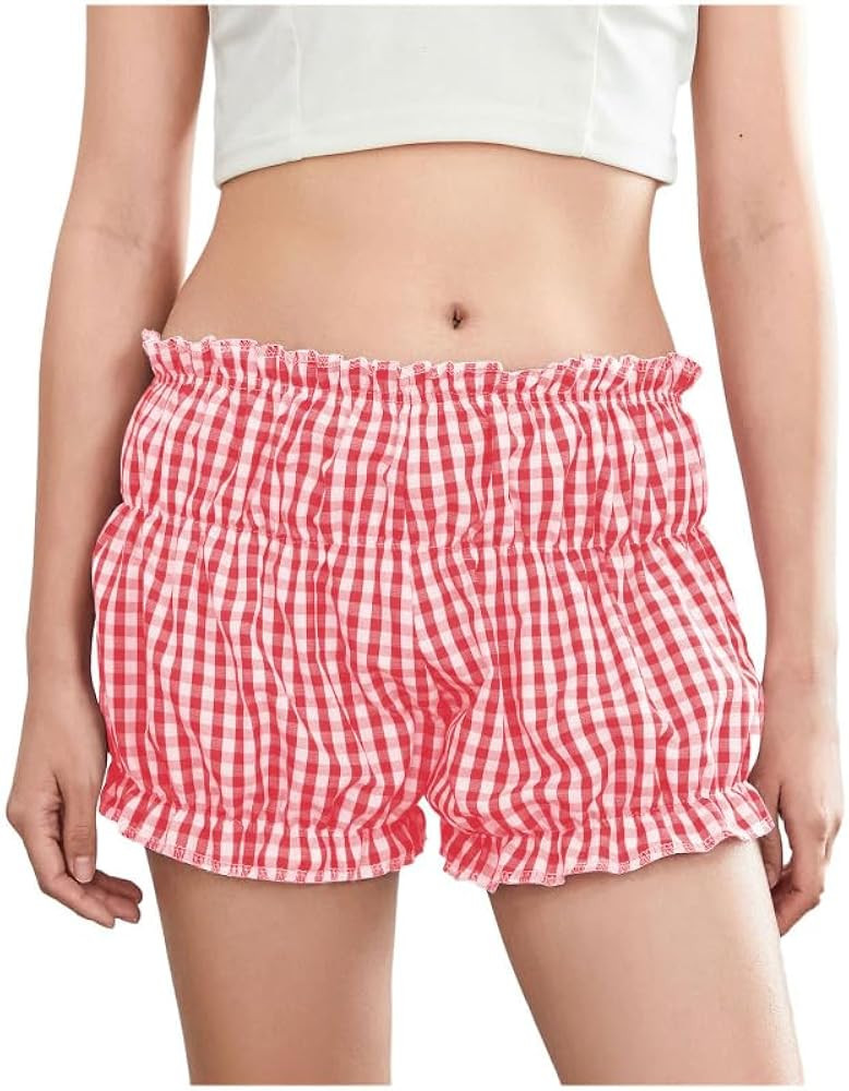Women's Lounge Plaid Shorts With Ruffle Bloomer - Low Rise Coquette Micro Shorts for Sexy Pajama ... | Amazon (US)