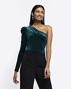 Green velvet one shoulder bodysuit | River Island (US)