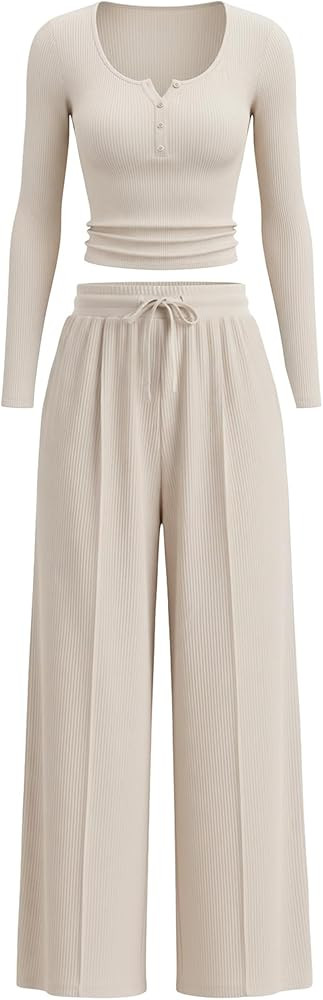 Women's 2 Piece Lounge Set 2025 Fall Travel Outfits Knit Long Sleeve Top Henley Shirt Wide Leg Pa... | Amazon (US)