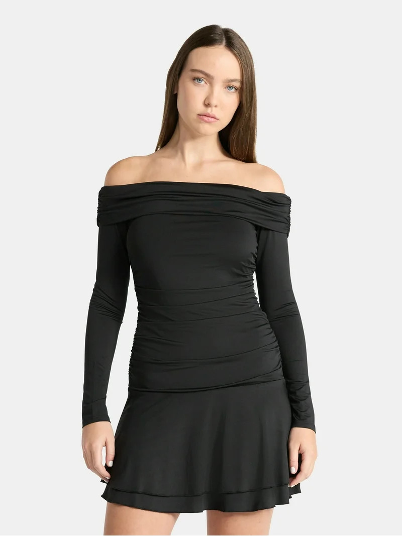 No Boundaries Off-The-Shoulder Long Sleeve Mini Dress, Women's | Walmart (US)