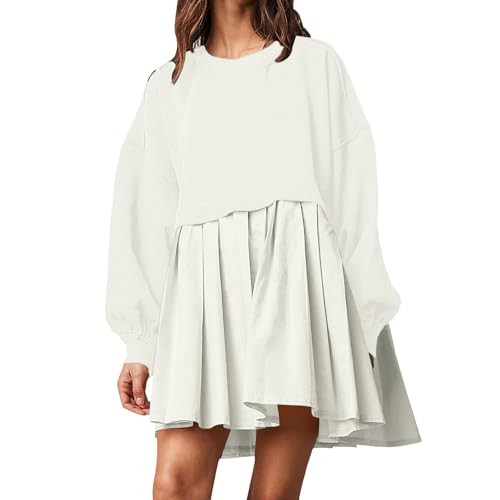 Zaswen Womens Casual Sweatshirt Dresses Long Sleeve Crewneck Ruffle Pullover Cute Babydoll Patchwork Spring Fall Mini Dresses White 2XL | Amazon (US)