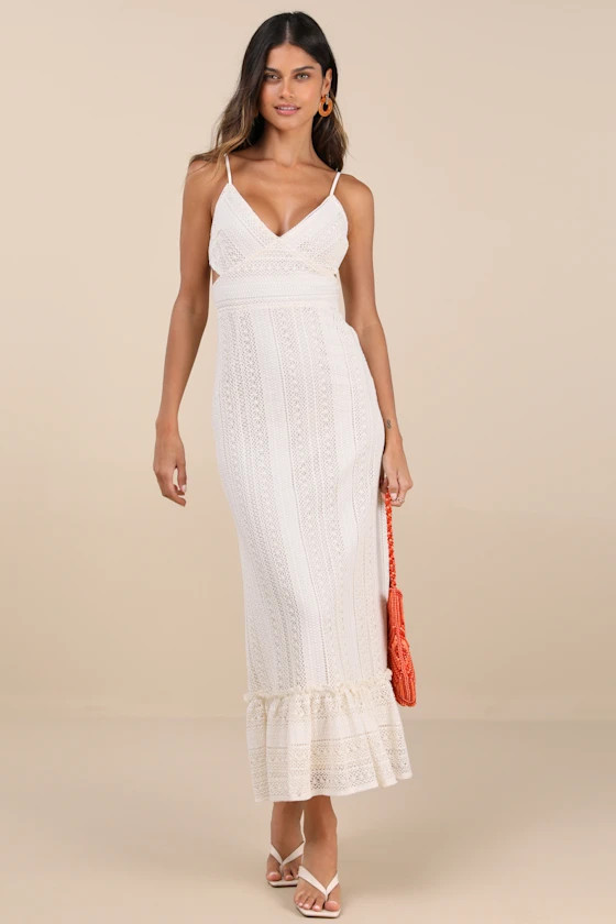Oliana Ivory Crochet Lace Tiered Cutout Maxi Dress | Lulus