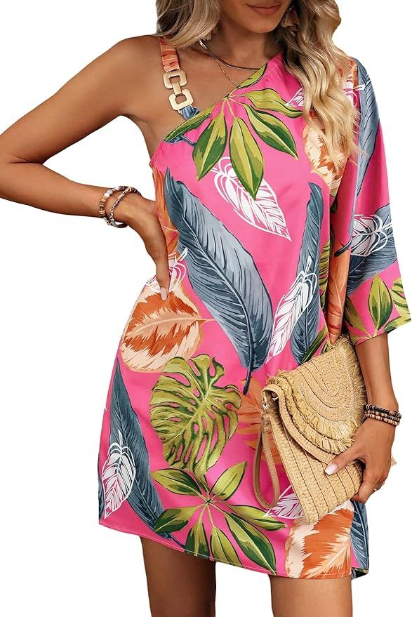 WDIRARA Women's Tropical Print Chain Detail Boho Dress Asymmetrical Neck Half Sleeve Mini Dress | Amazon (US)