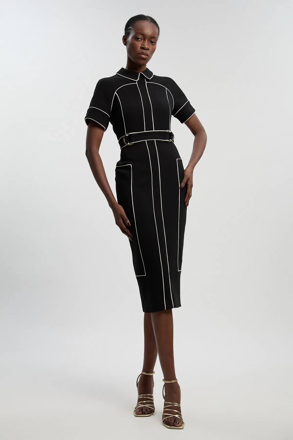 Black Compact Stretch Contrast Tipped Tab Detail Tailored Pencil Dress | Karen Millen USA | Karen Millen US