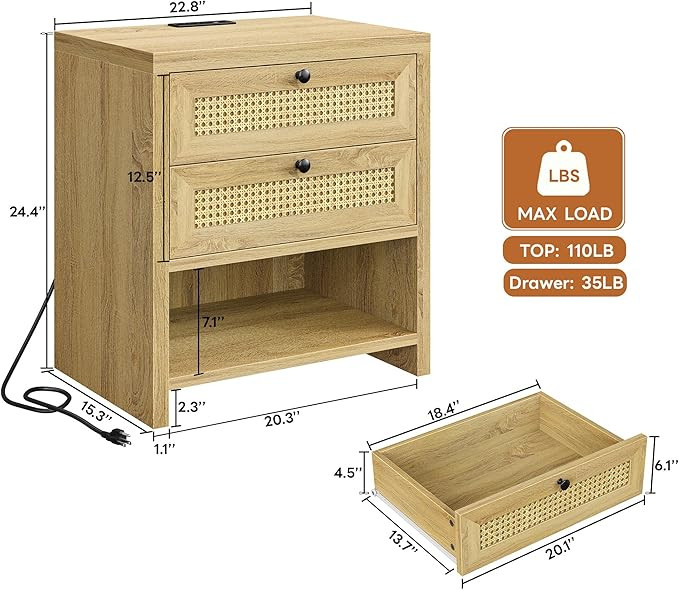 LIKIMIO Night Stand, 23" Wide Rattan Nightstand with Charging Station, Boho Side Table with 2 Dra... | Amazon (US)