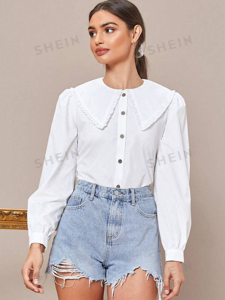 SHEIN Privé Statement Collar Lantern Sleeve Blouse | SHEIN | SHEIN