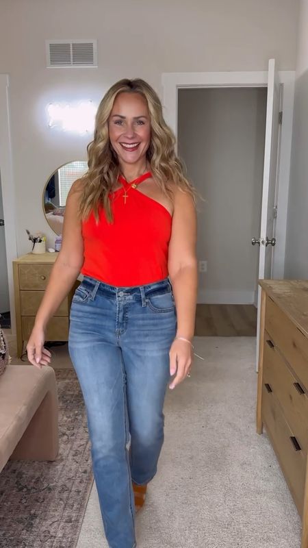 Denim jeans paired with a red halter top ♥️ I’m wearing a Medium top and a 6 in denim jeans. 

#LTKFindsUnder50 #LTKSeasonal #LTKStyleTip
