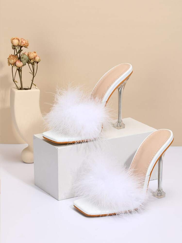 Turkey Feather Fluffy Detail Chunky Mule Sandals | SHEIN