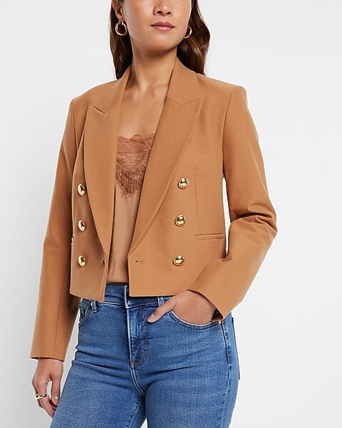Peak Lapel Double Breasted Novelty Button Cropped Blazer | Express