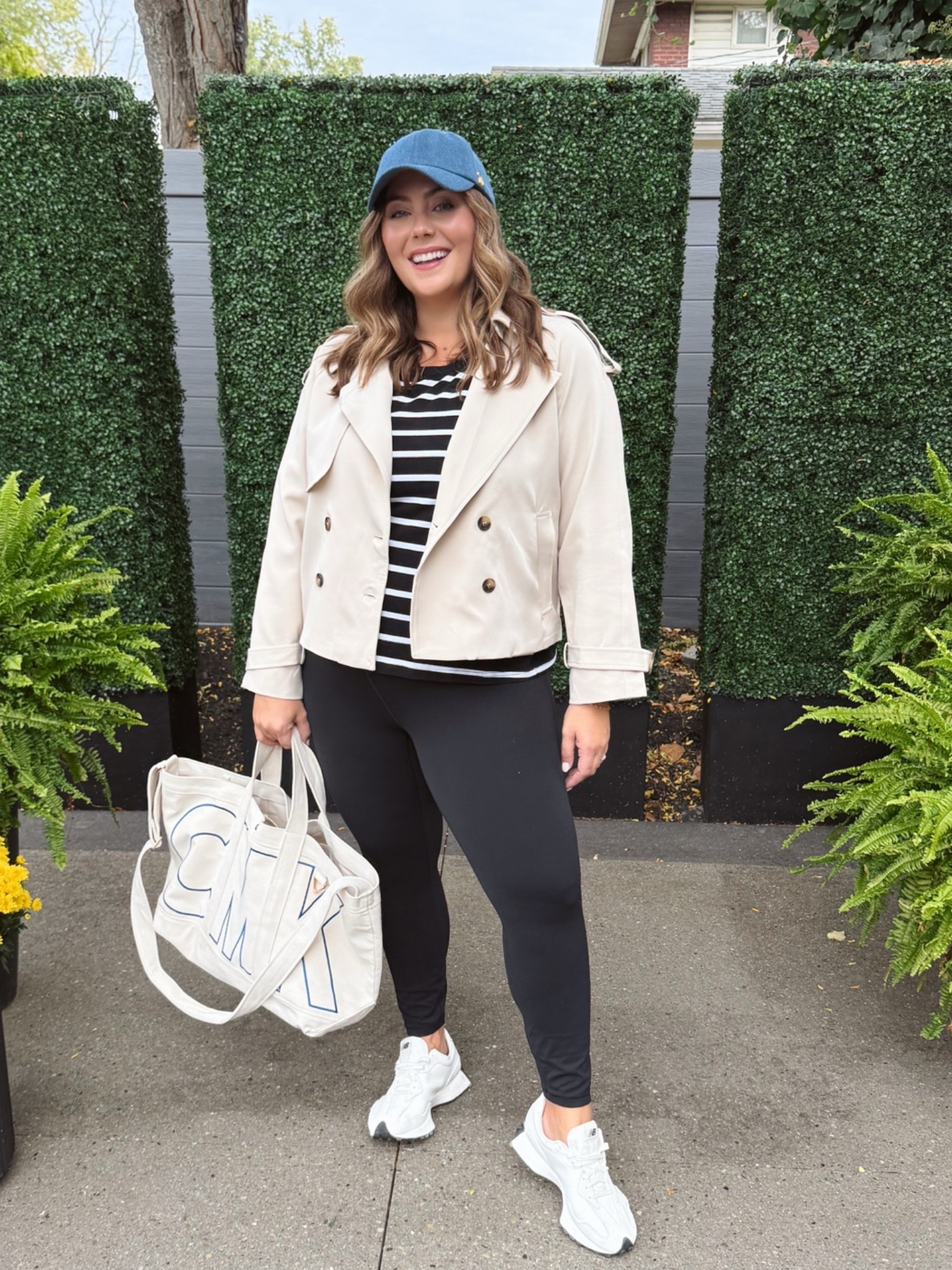 Wearing size XXL in cropped trench & striped tee. Wearing 1X in leggings. Use CARALYN15 on your first order at Spanx.