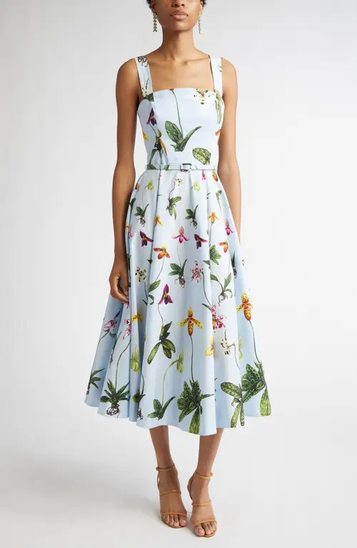 Oscar de la Renta Orchids Floral Belted Midi Dress in Light Blue Multi at Nordstrom, Size 4 | Nordstrom