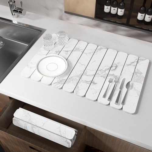 Stone Drying Mat for Kitchen Counter, White Fish Belly Stone Dish Drying Mat - Diatomaceous Earth Water Absorbing Drying Stone for Kitchen Counter Mat, Quick Dry Stone Mat Kitchen | Amazon (US)
