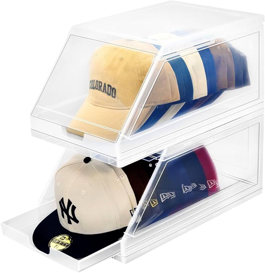 2 Pack Hat Organizer, Stackable Clear Baseball Caps Holder Box Containers With Sliding Tray for H... | Amazon (US)