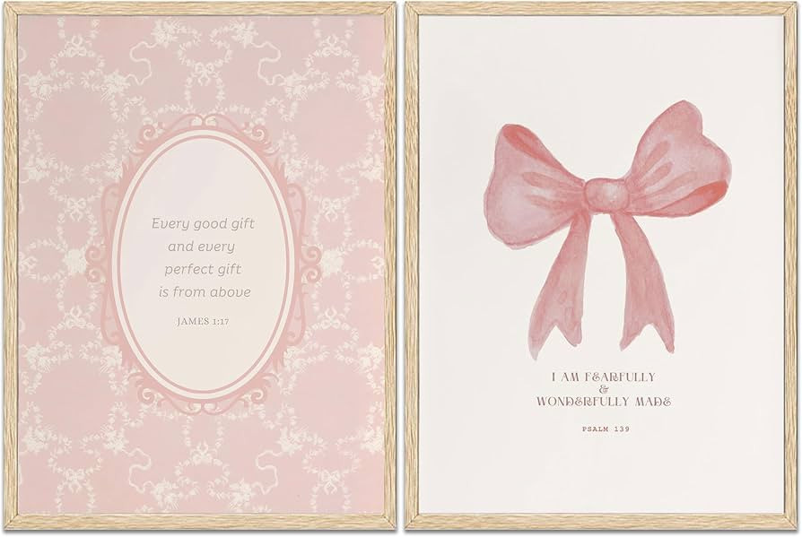 2pcs Pink Bow Wall Art Bible Verse Scripture Canvas Coquette Prints Aesthetic Trendy Posters Ever... | Amazon (US)