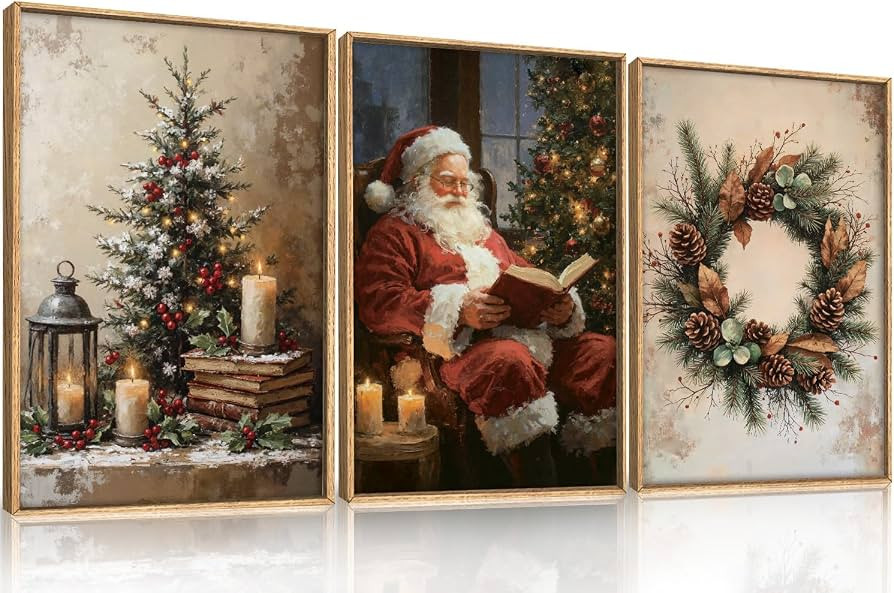 HOURIA Vintage Christmas Framed Canvas Wall Art Set,Santa Claus Reading Book Decor, Wreath Pineco... | Amazon (US)