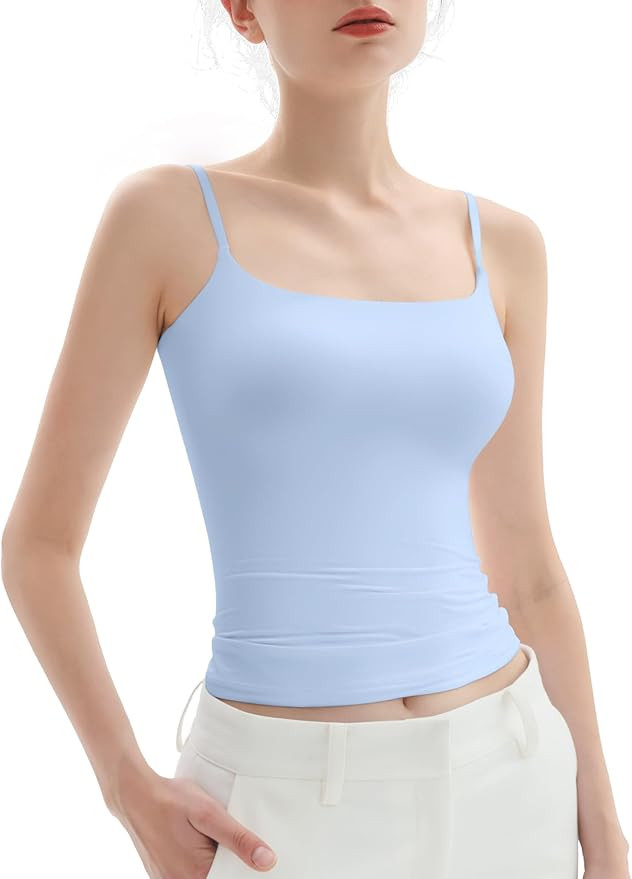 PUMIEY Women's Square Neck Tank Top Adjustable Spaghetti Straps Sleeveless Basic Tops Sharp Colle... | Amazon (US)
