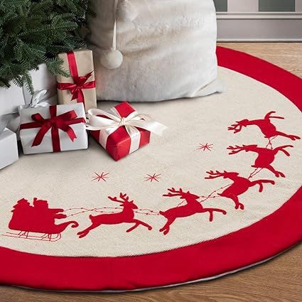 GMOEGEFT 48 Inches Burlap Christmas Tree Skirt with Red Trim Reindeer Printing Rustic Style Xmas ... | Amazon (US)
