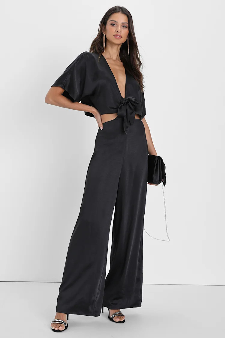Flirt For Fun Black Tie-Front Two-Piece Wide-Leg Jumpsuit | Lulus