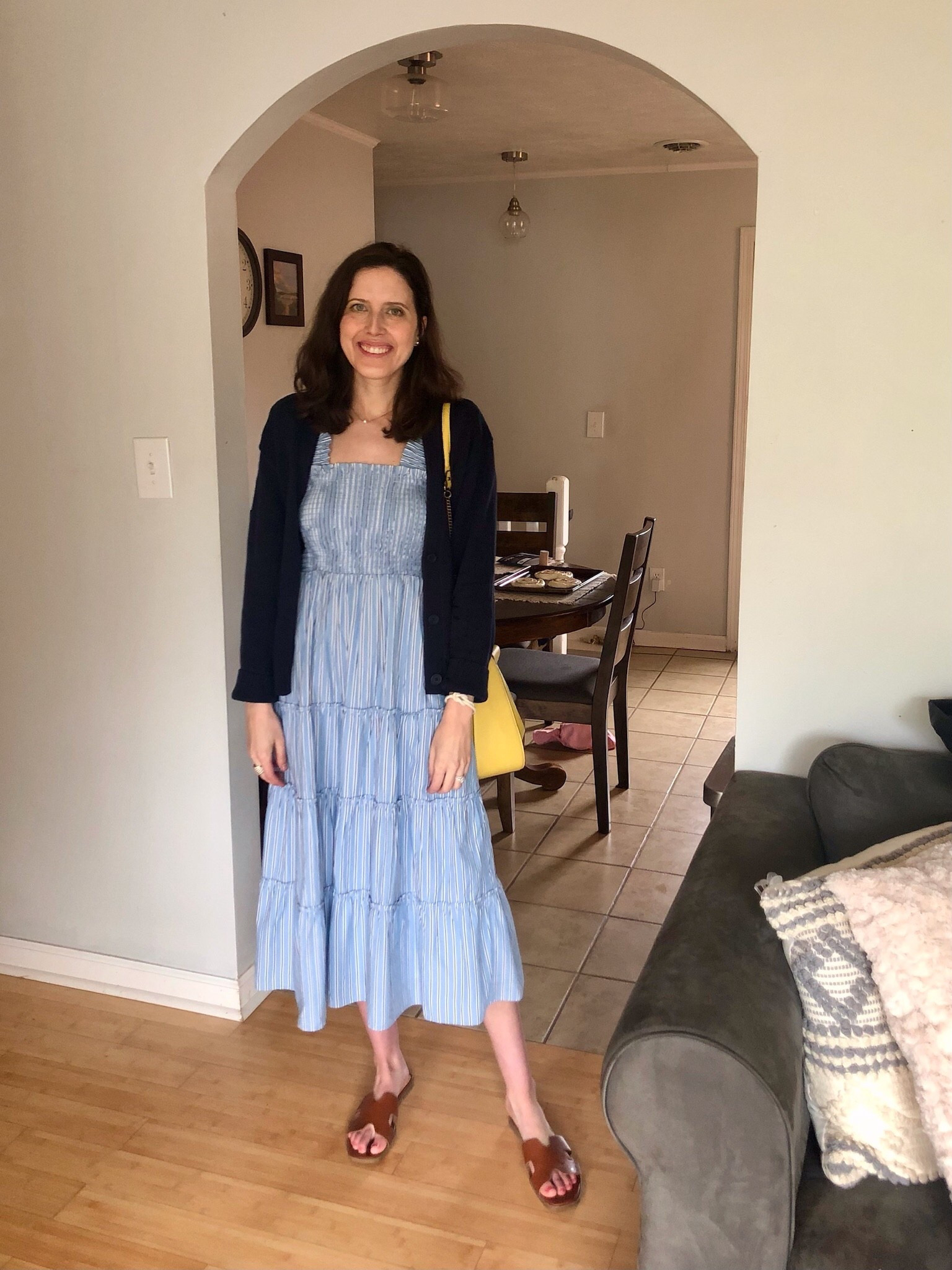 blue stripe dress Americana style🩵

Blue Stripe dress is from @Quince  With an Amazon basic navy cardigan wearing a small in the cardigan
Love a pop of color with a yellow bucket bag it’s old but we linked similar. 
Sandals are from @Target

#LTKootd #LTKgrwm #LTKSaleAlert