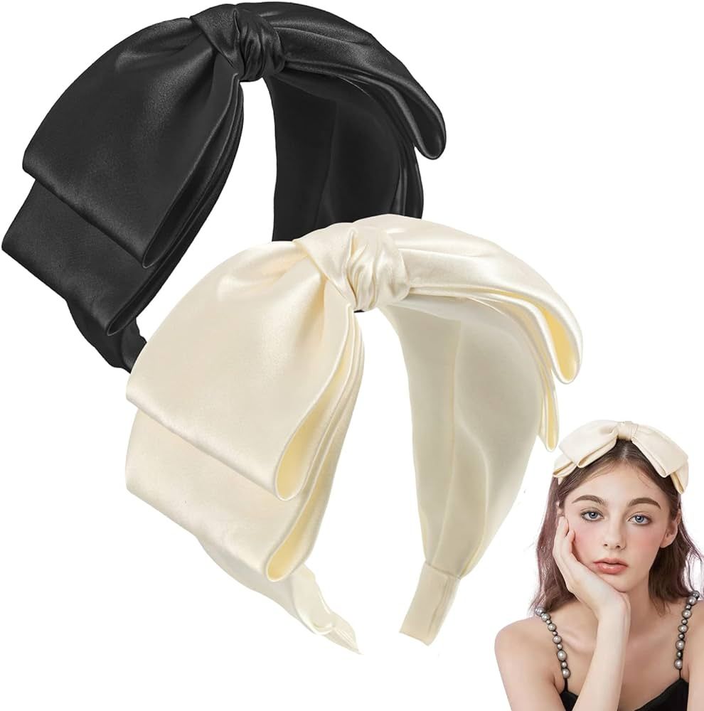 2PCS Large Bow Headbands For Women Handmade Satin Black Bow Hairbands Accessories For Girls Party... | Amazon (US)