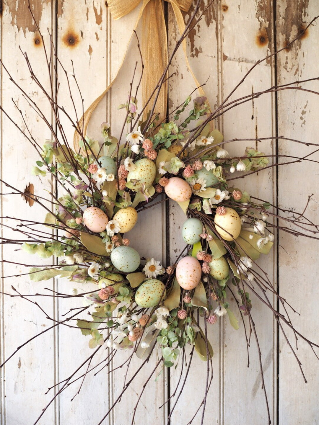 Spring Egg Wreath: Pastel Faux Eggs, Dried Flowers, Cottage Decor | Etsy (US)