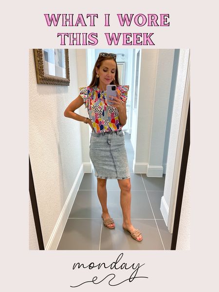 Summer denim skirt with colorful ruffle sleeve top (wearing size XS) and braided sandals 

#LTKFind #LTKstyletip #LTKSeasonal