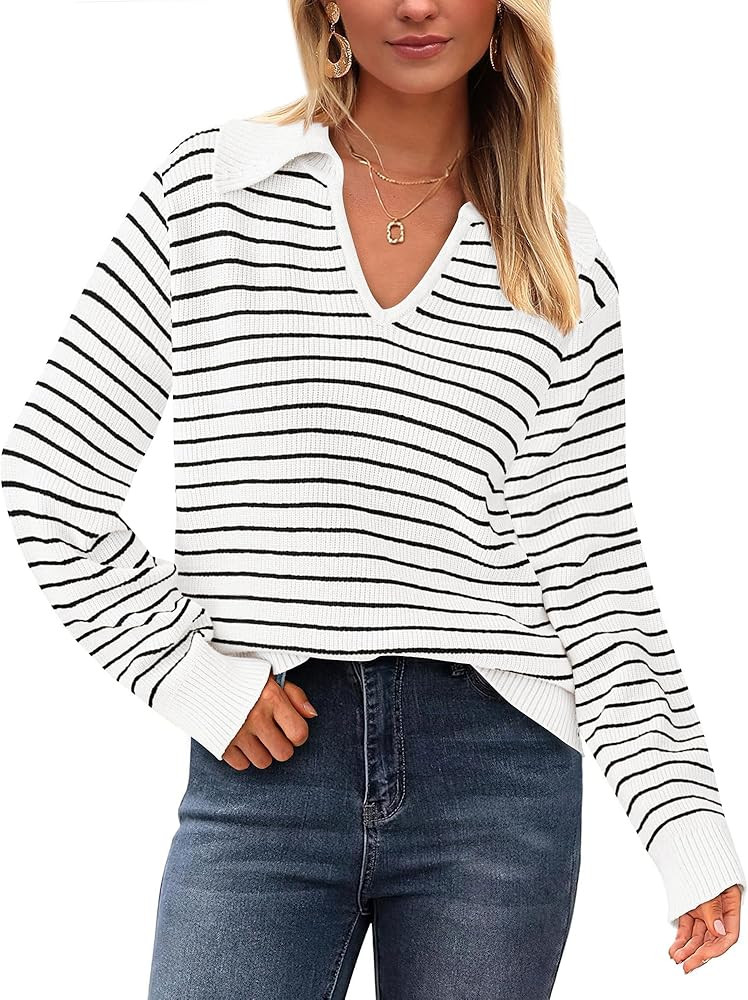 Yousify Womens Sweaters 2024 V Neck Long Sleeve Striped Tops Fall Winter Comfy Knit Clothes Pullo... | Amazon (US)